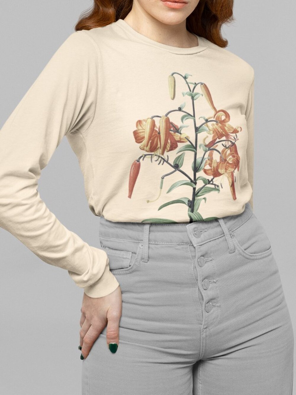 Tiger Lily Vintage Floral Print Long Sleeve Graphic Tee T-shirt S-XXL
